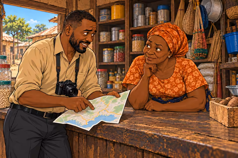 Hassan plays the tourist while questioning the store owner.