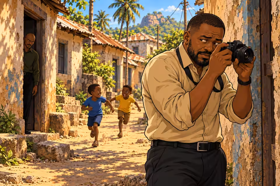 Hassan photographs the town while noticing a pursuer.