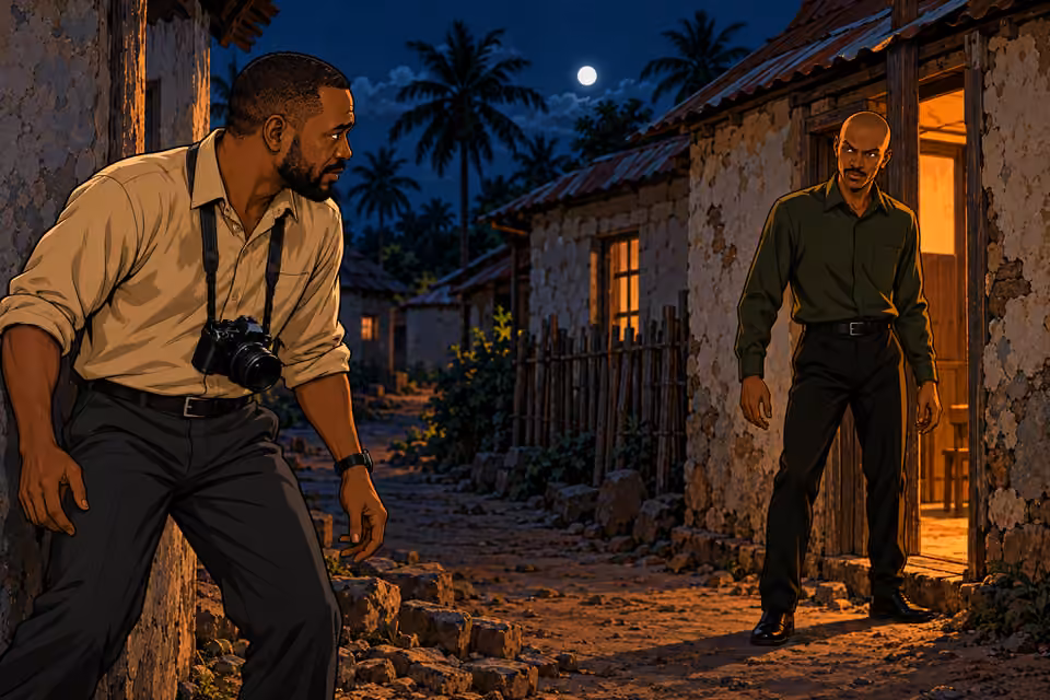Hassan meets his pursuer near a ruined dwelling.