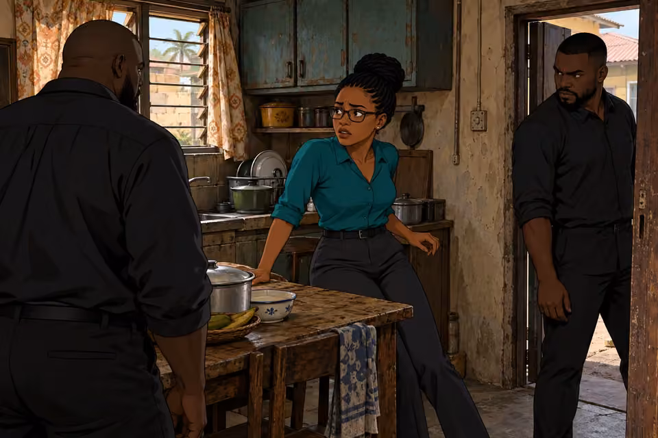 Asukwo's men corner Dede in a cramped kitchen.