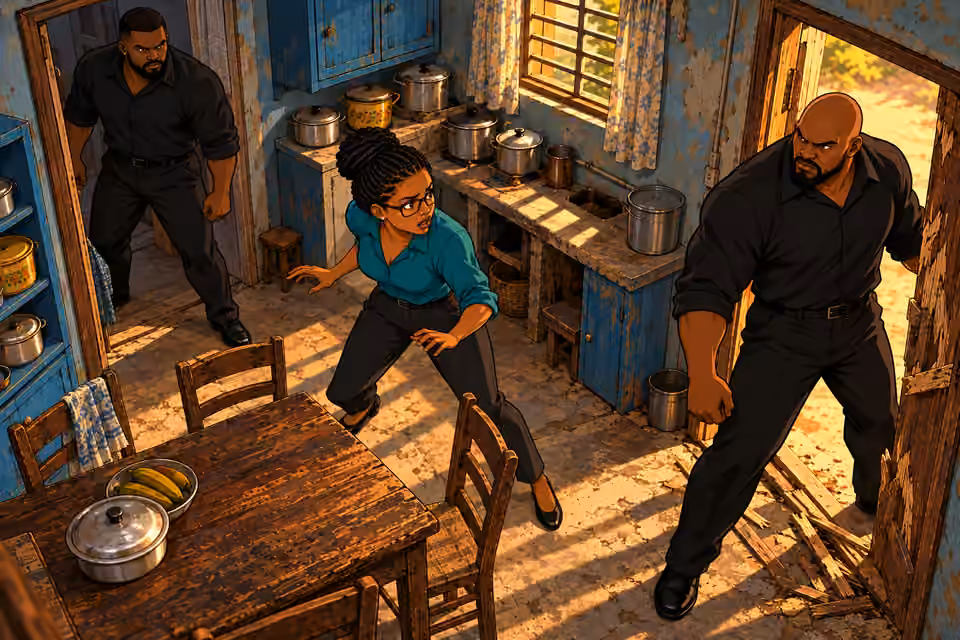 Dede searches the blocked kitchen for a way out.