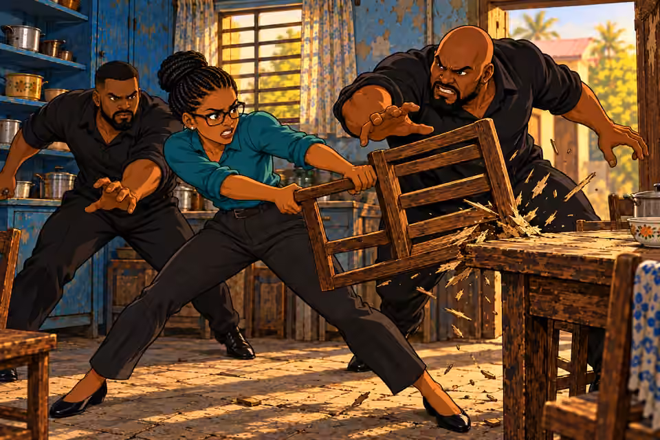 Dede fights to break free in the kitchen.