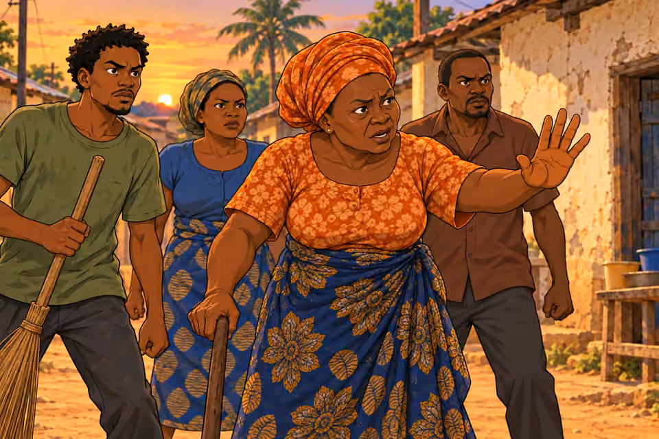 The shopkeeper leads neighbors to Dede’s defense.