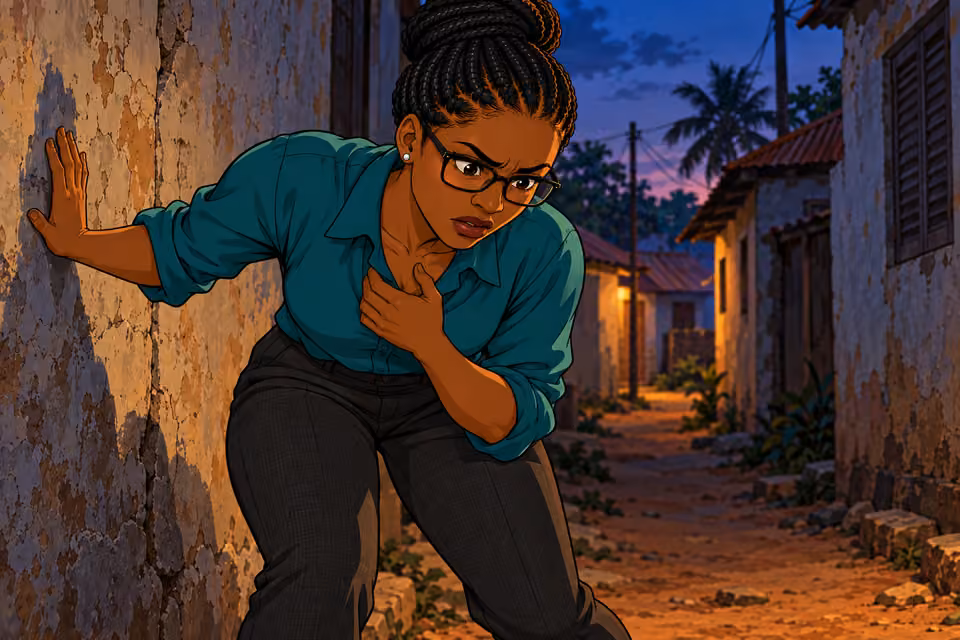 Dede catches her breath in a shadowed alley.