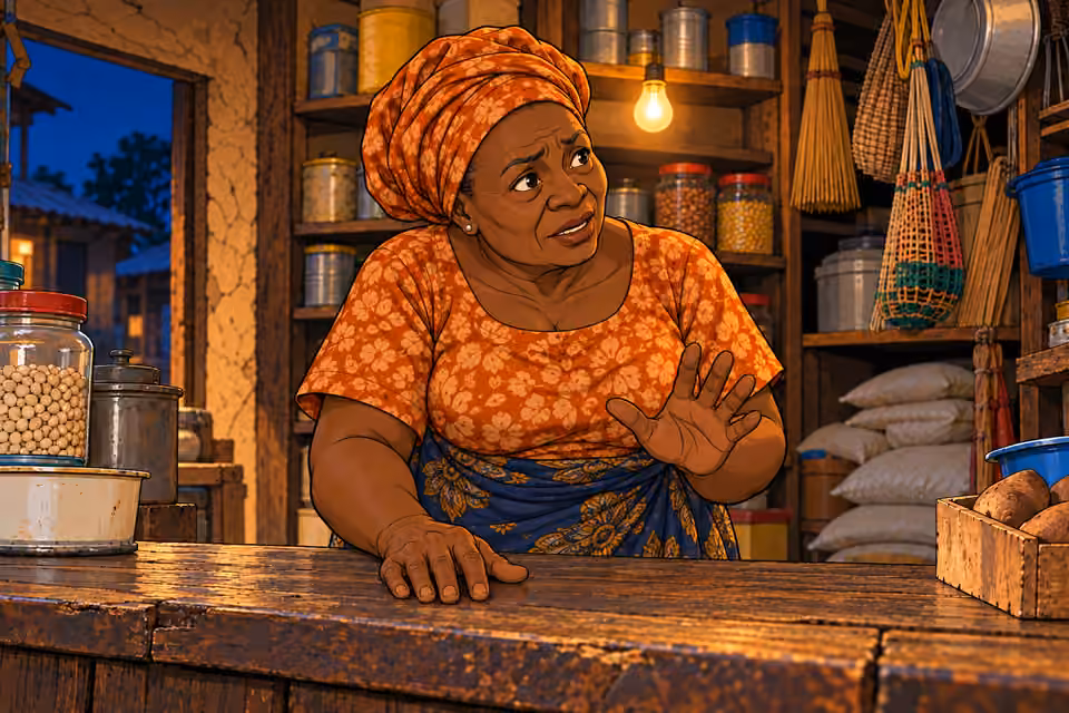 The shopkeeper greets Dede with relief and concern.