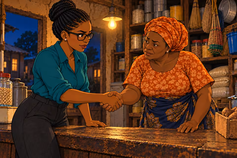 Dede and the shopkeeper seal their alliance with a handshake.
