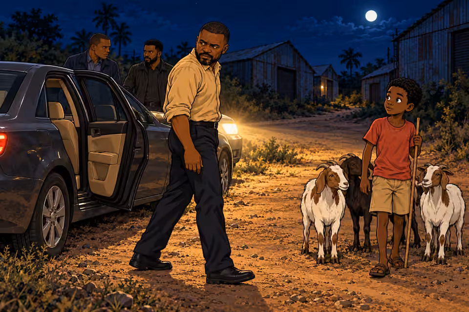 Hassan slips away from the car toward the boy.