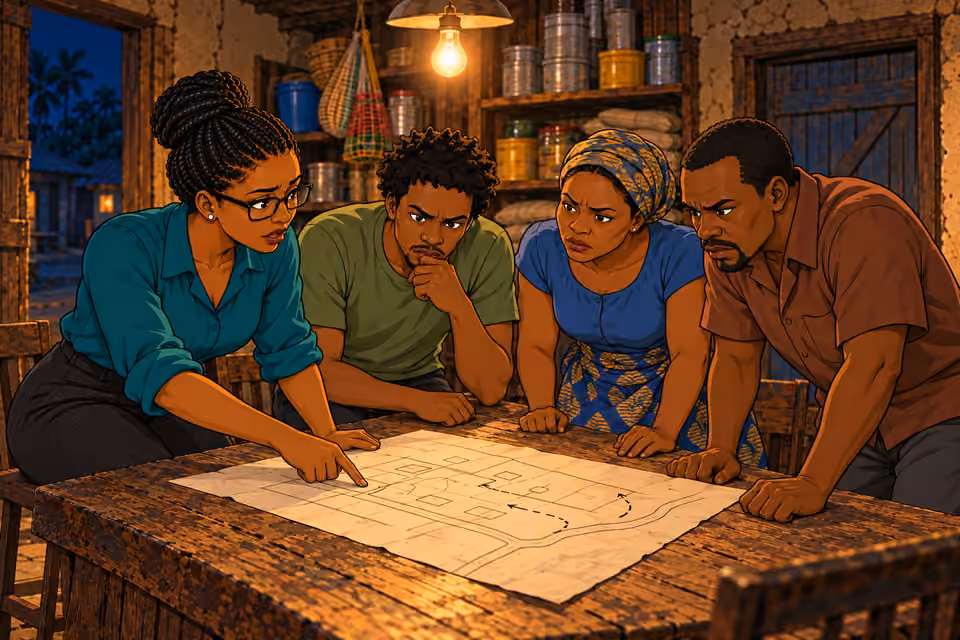 Dede and the Egungun prepare their plan in the store’s backroom.