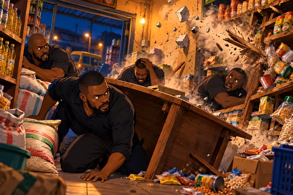 Asukwo's men scramble for cover in the general store.