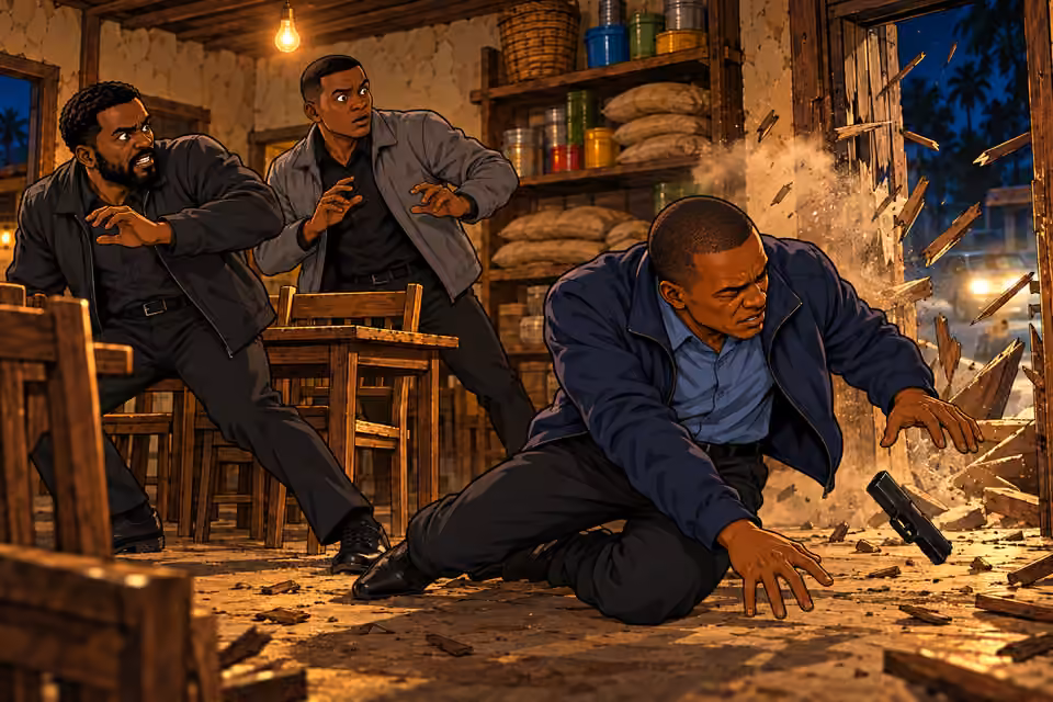 One of Asukwo’s men falls as the others scramble.