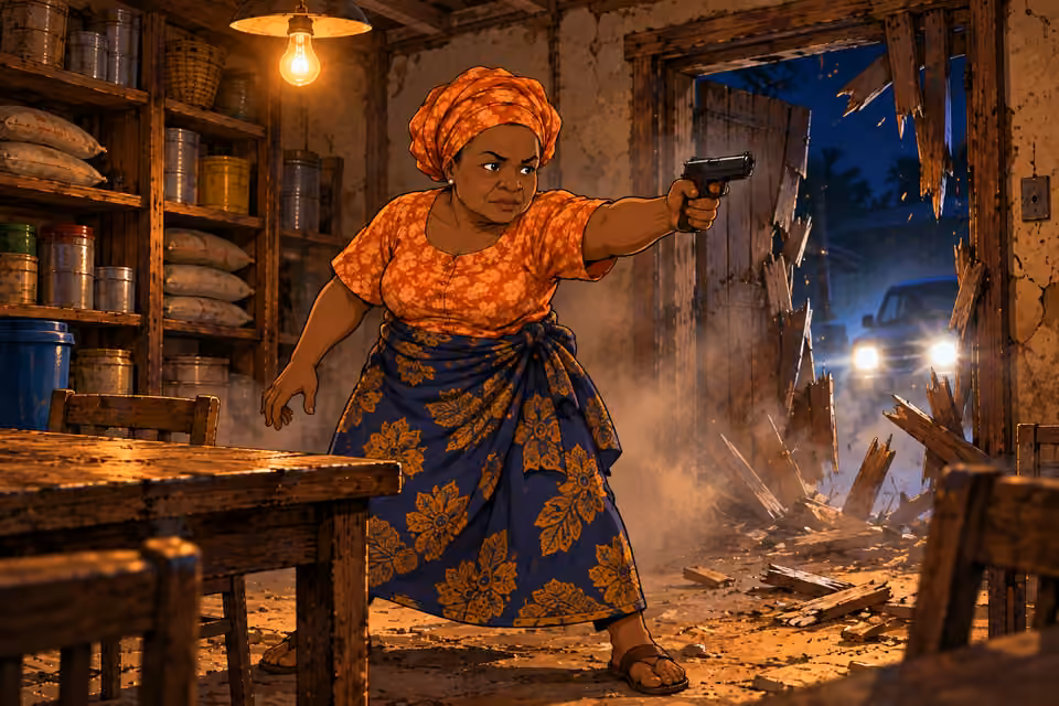 Aunty Yemisi emerges from the dust holding a pistol.