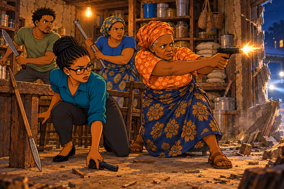Dede retrieves a fallen weapon as the defenders rally beside Yemisi.