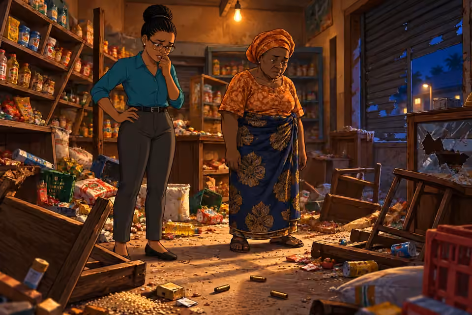 Dede and Aunty Yemisi survey the ransacked shop after the confrontation.