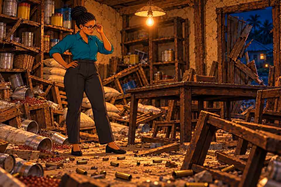 Dede surveys the ransacked store after the fight.