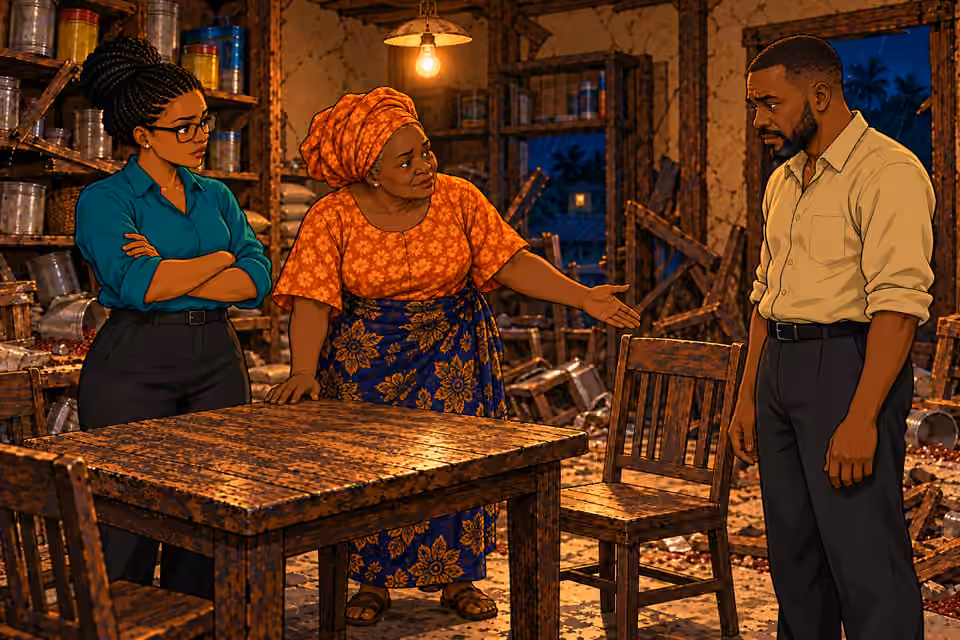 Yemisi invites Hassan to sit and explain.