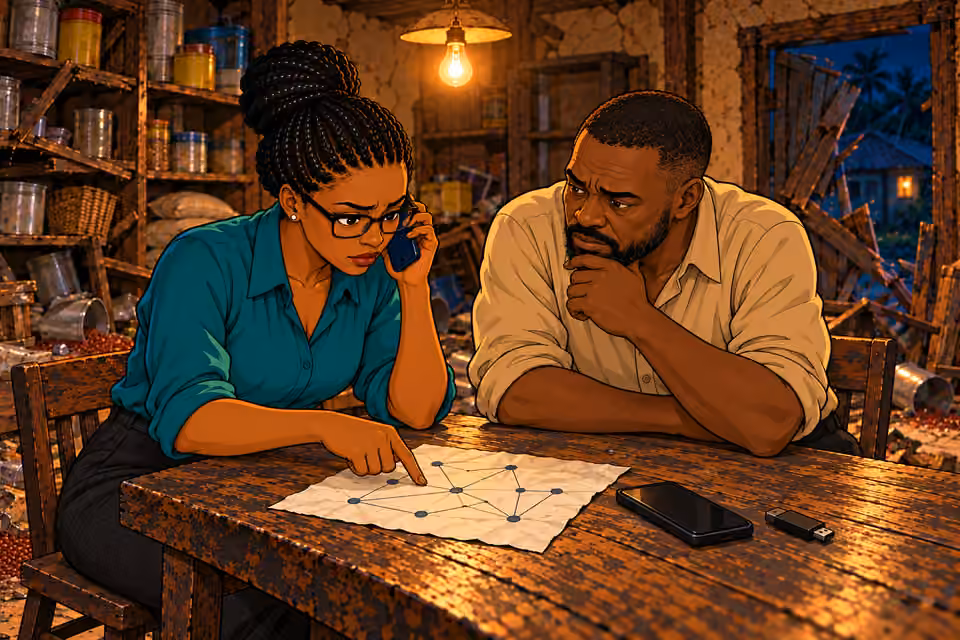 Dede and Hassan listen to Emeka’s proposed broadcast plan.