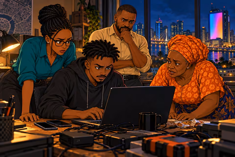 Dede, Hassan and Yemisi gather around Emeka as he works.