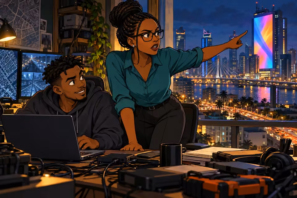 Dede proposes using the city's digital billboards while Emeka works at a laptop.