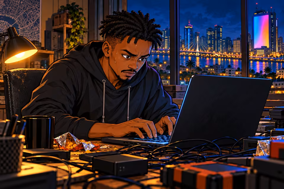 Emeka works intensely at his makeshift command center.