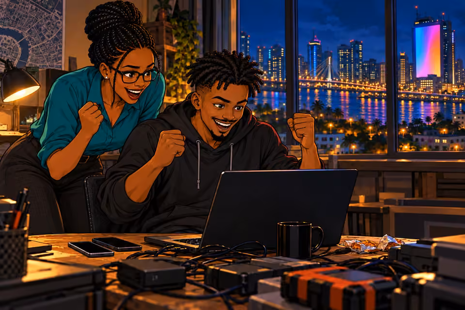 Emeka announces that the billboard is connected.