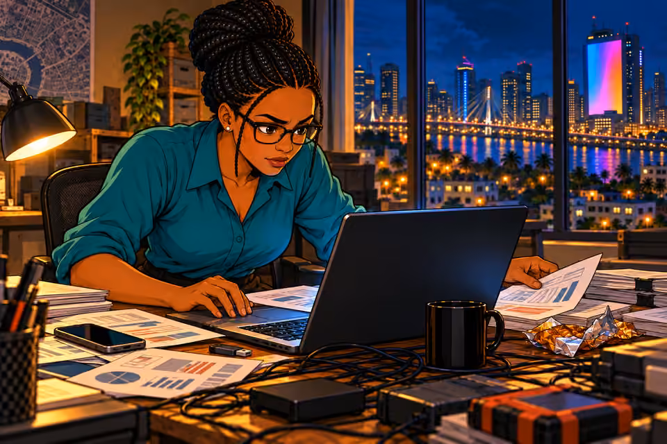 Dede sorts the financial evidence into an exposé.