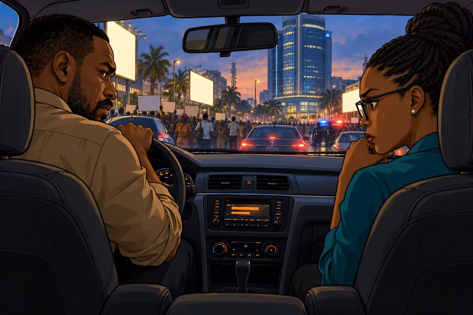 Hassan and Dede drive toward headquarters through streets filled with protesters.