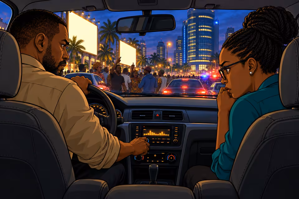 Dede and Hassan hear the troubling news as they drive.