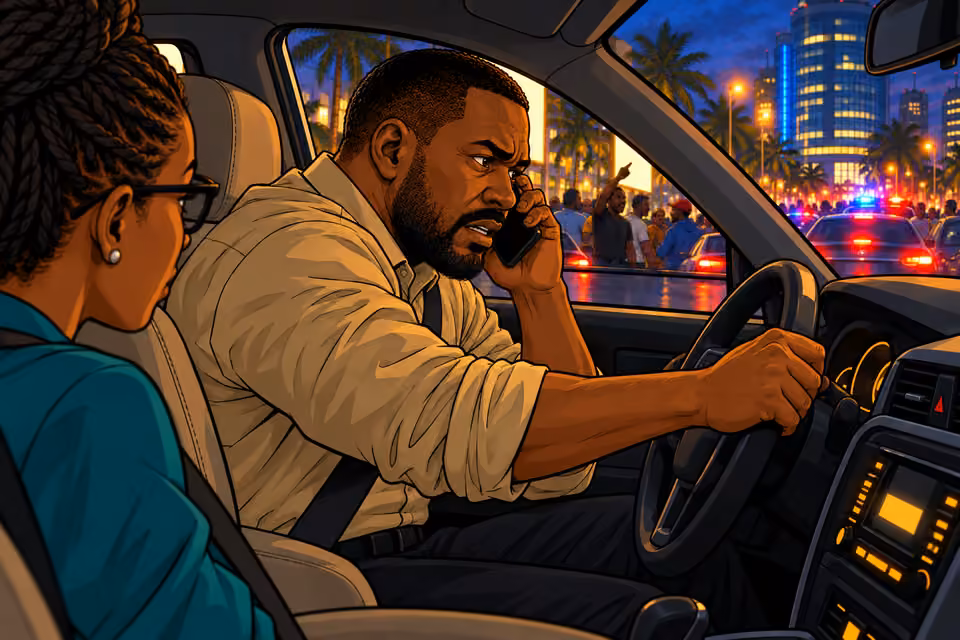 Hassan stops the car and urgently calls for backup.
