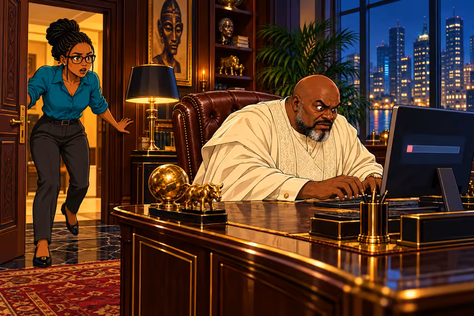Dede finds Asukwo at his computer in the opulent office.