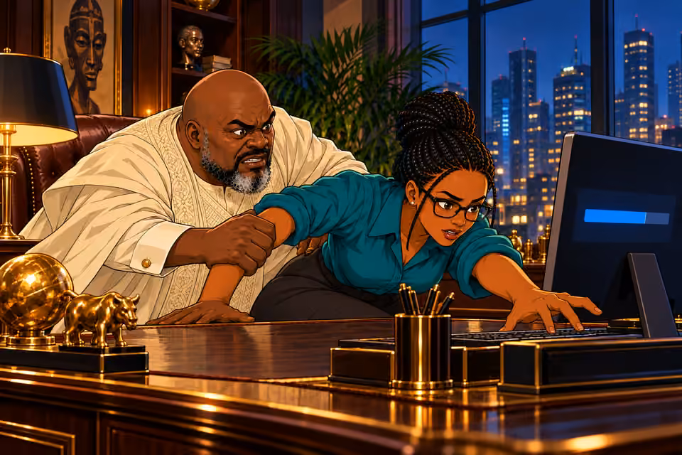 Dede struggles with Asukwo for control of the computer.