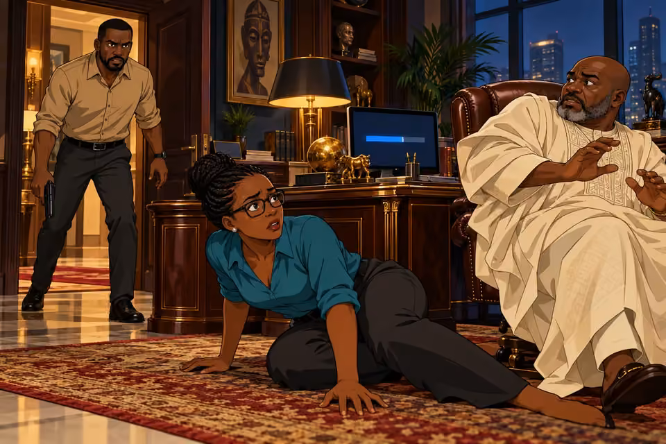 Hassan intervenes as Dede escapes Asukwo in his office.