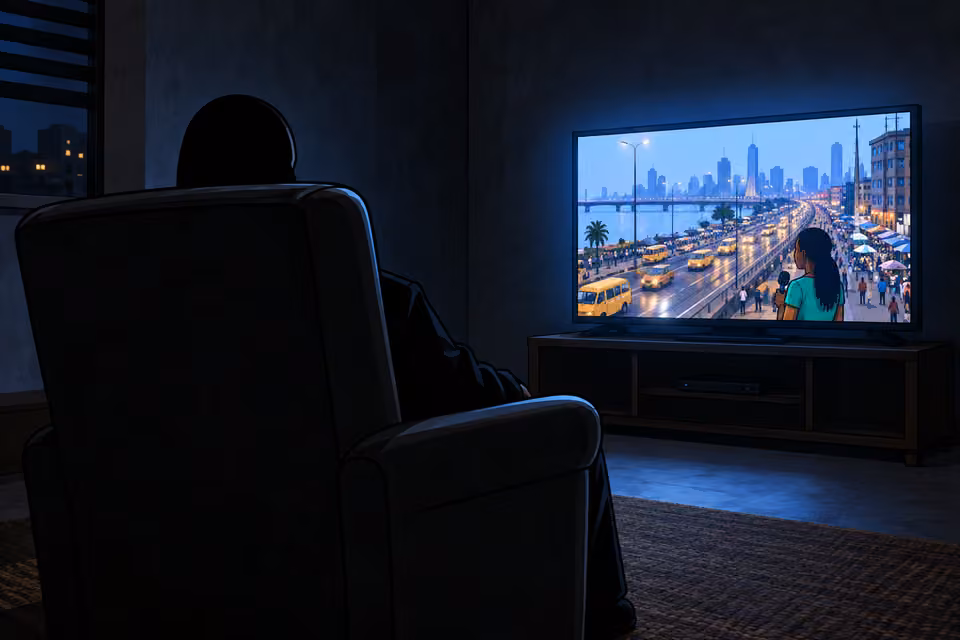 An unidentified figure watches the Lagos news in a dark room.