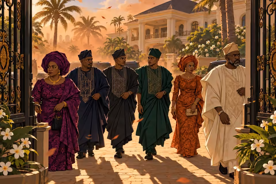 Six grieving siblings arrive at Ile Oni through dusty iron gates.