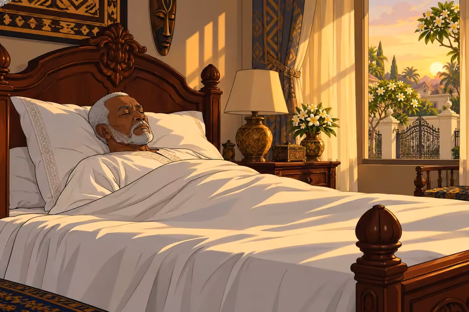 Chief Oni lies still in his mahogany bed as dusty light enters the room.