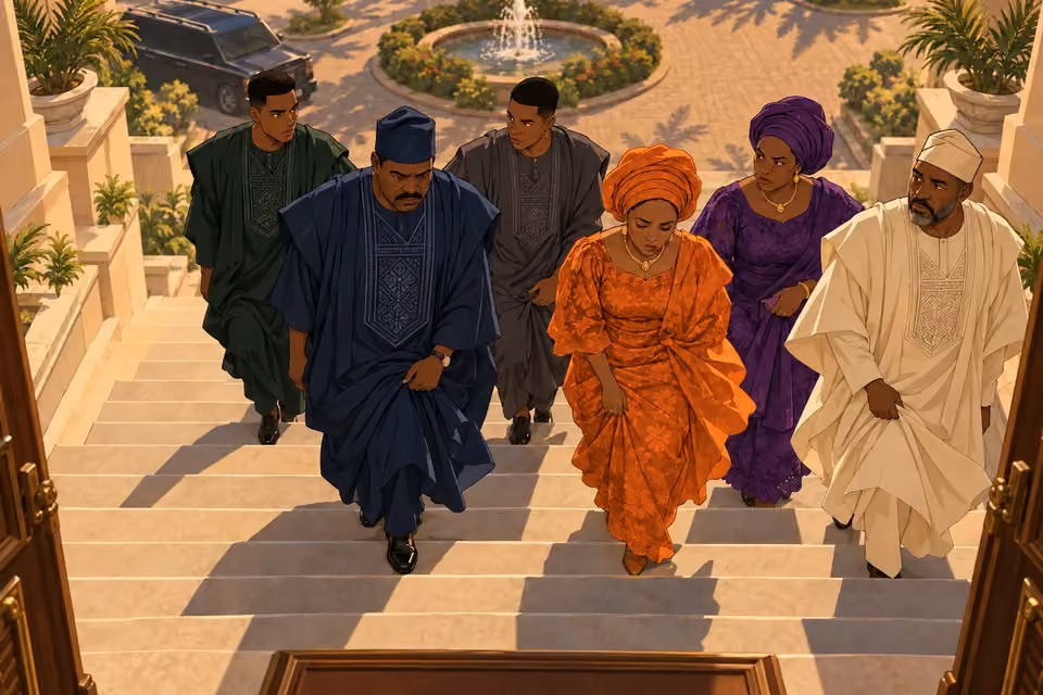 The six siblings gather at the mansion steps in mourning.