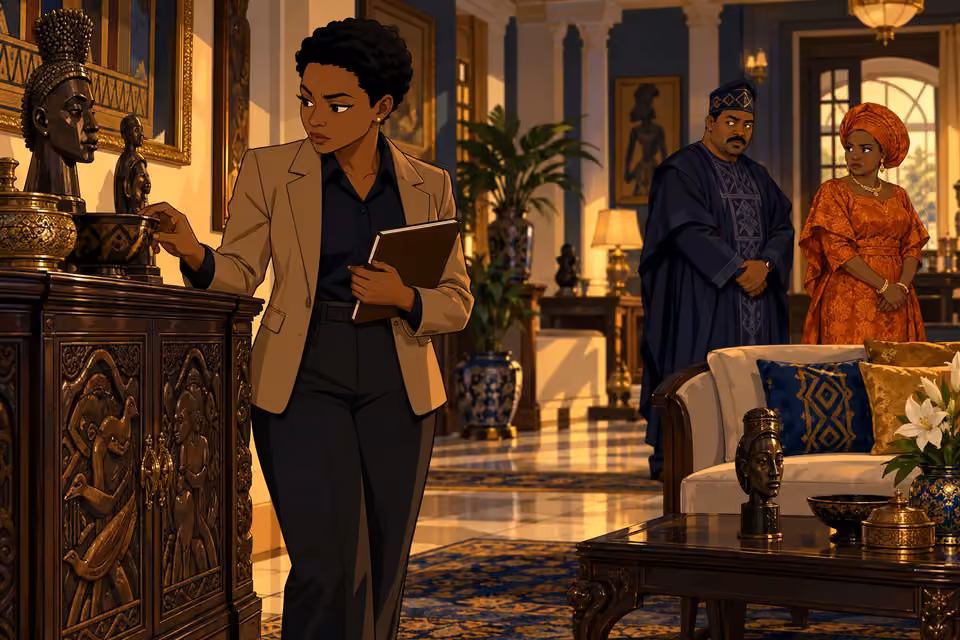 Adegoke examines the ornate room as the family watches guardedly.