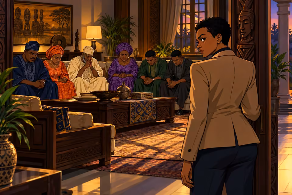 Adegoke pauses in the doorway with the uneasy family behind her.