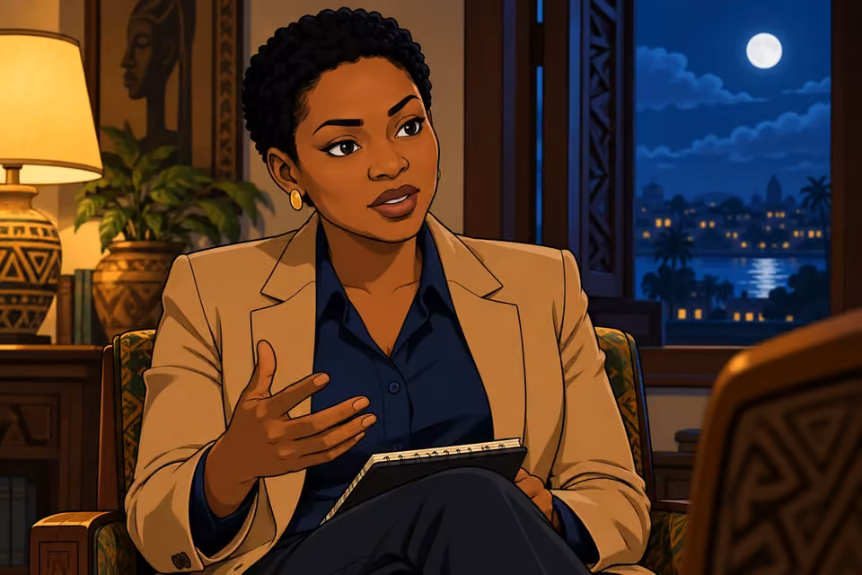 Adegoke maintains an unwavering gaze while requesting the family's accounts.