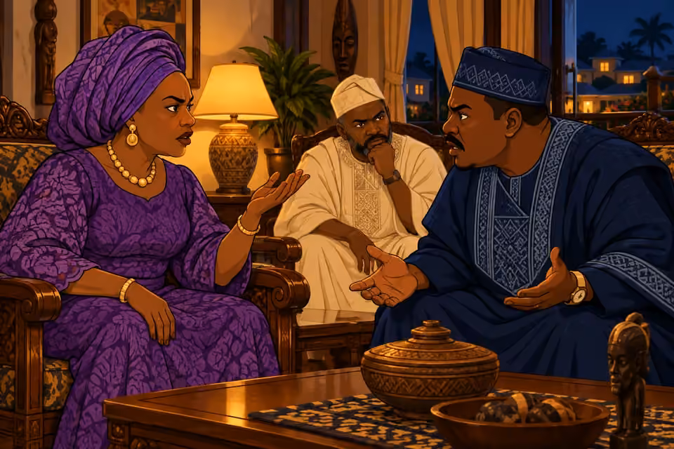 Yinka and Deji exchange accusations while Ayo watches tensely.