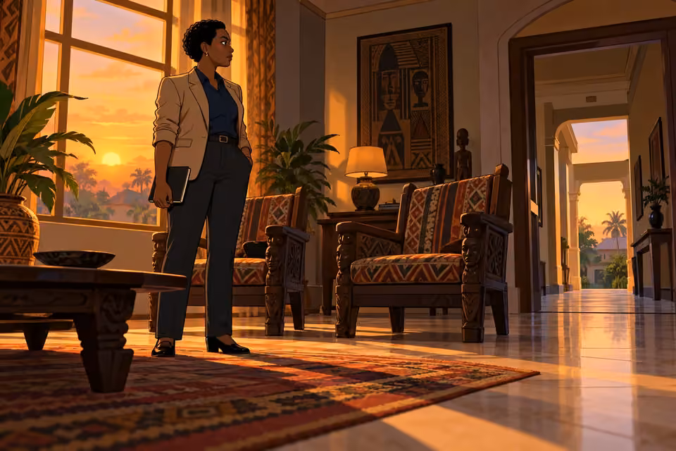 Adegoke stands alone in the quiet drawing room after the family departs.