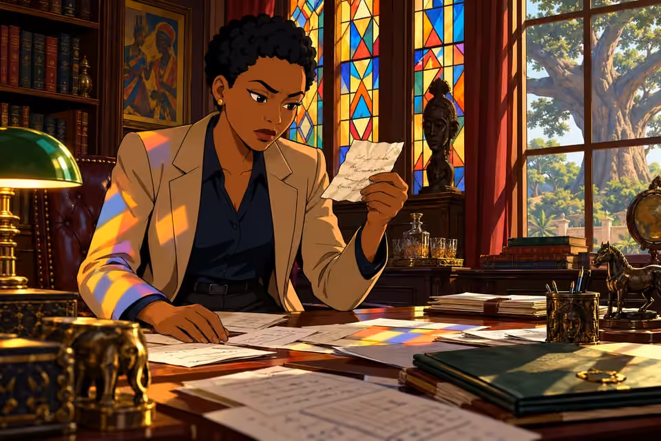 Adegoke examines a crumpled note in the Chief's sunlit study.