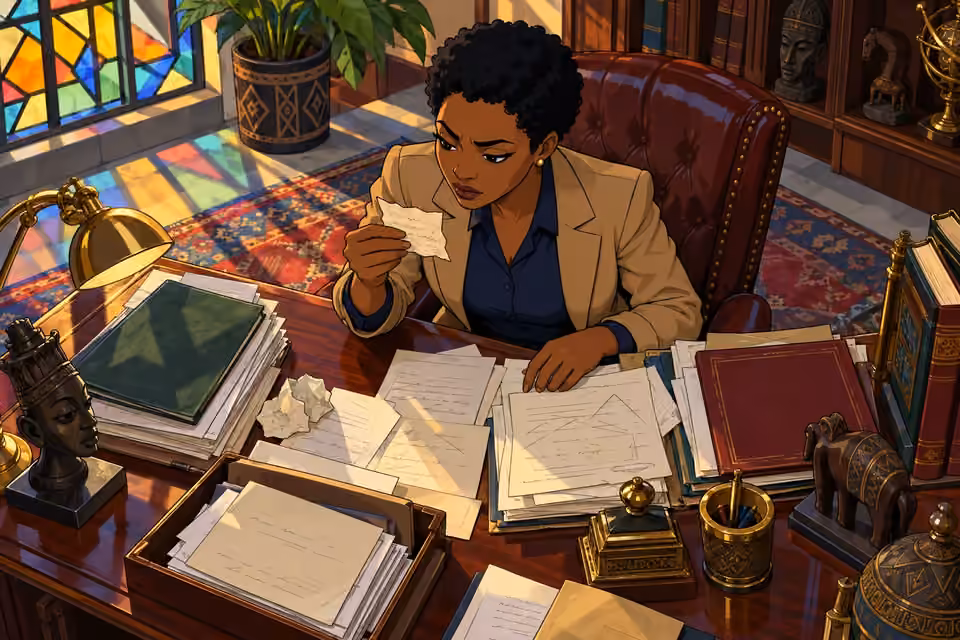 Adegoke discovers a crumpled note among the papers on Chief Oni's desk.