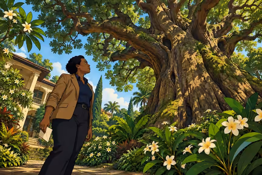 Adegoke approaches the ancient Iroko in the fragrant estate garden.