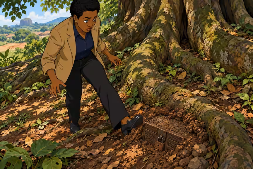 Adegoke discovers a carved wooden box half buried among the Iroko roots.