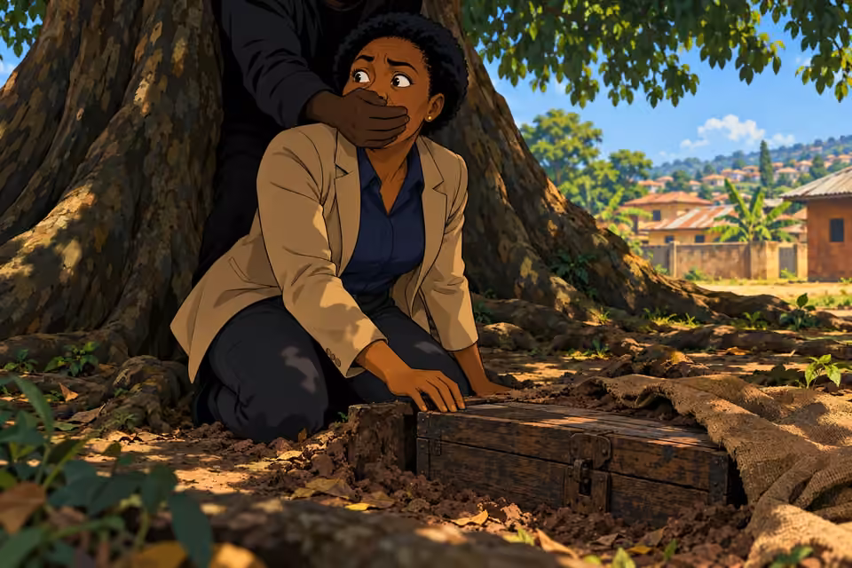 An unseen attacker silences Adegoke as she kneels beside the wooden box.