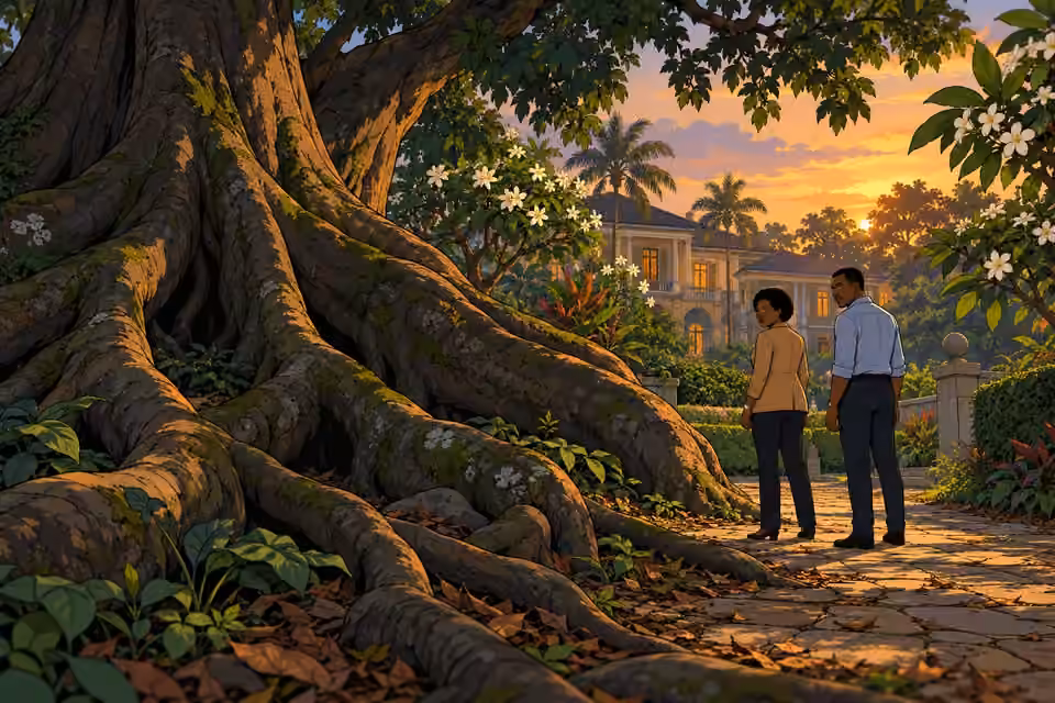 Adegoke and Bode pause beside the Iroko as their investigation continues.