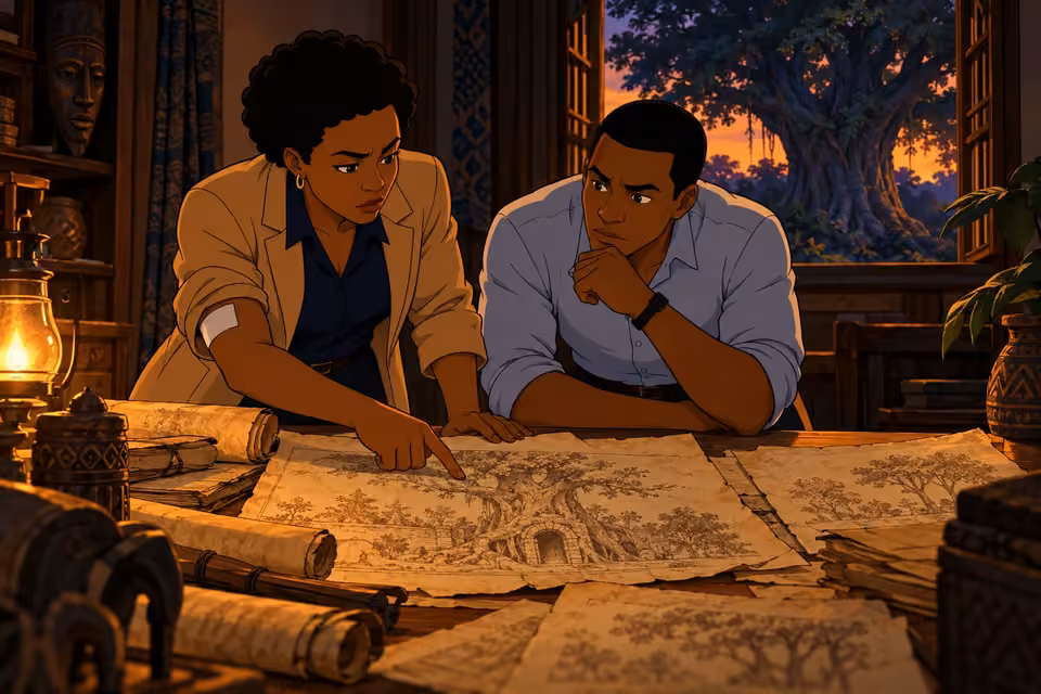 Adegoke and Bode search old records for clues to the chamber beneath the Iroko.
