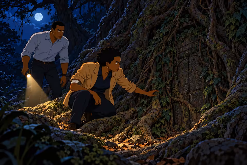 Adegoke and Bode discover a hidden stone entrance among the Iroko's roots.