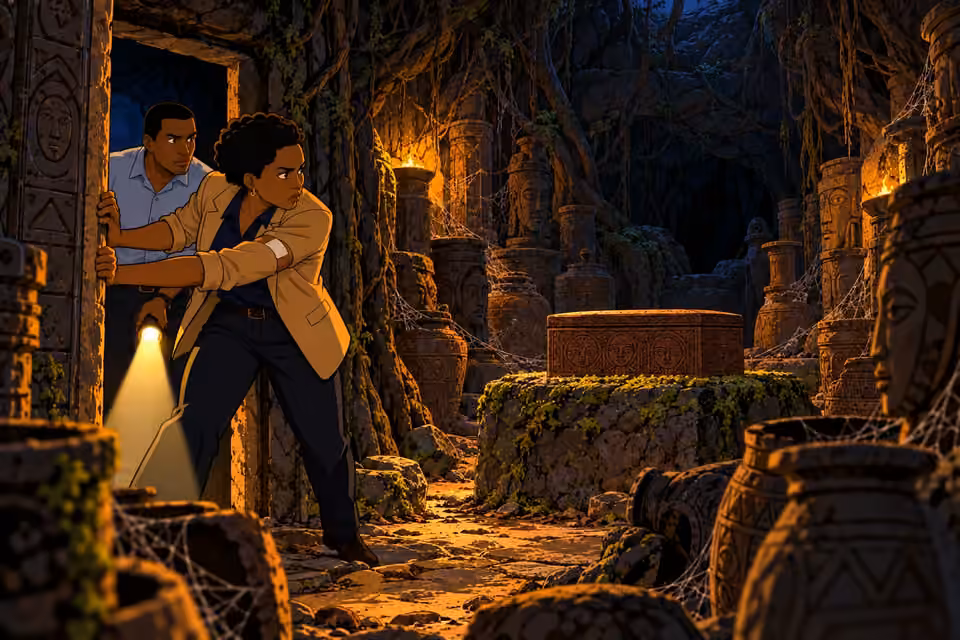 Adegoke pushes open the stone door to reveal the wooden box in the cavern.