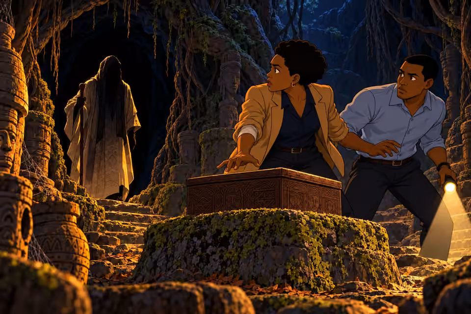 The investigators freeze as a hidden figure warns them away from the box.